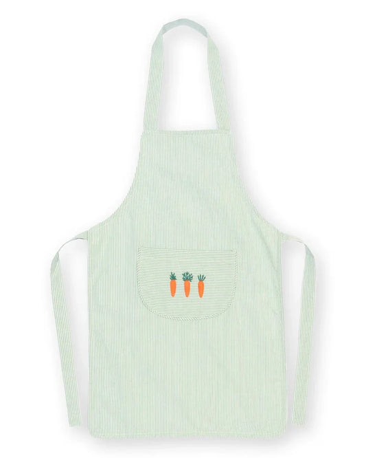 A light mint green apron with thin vertical pinstripes, featuring a front pocket with three embroidered orange carrots and green tops, set against a plain white background.