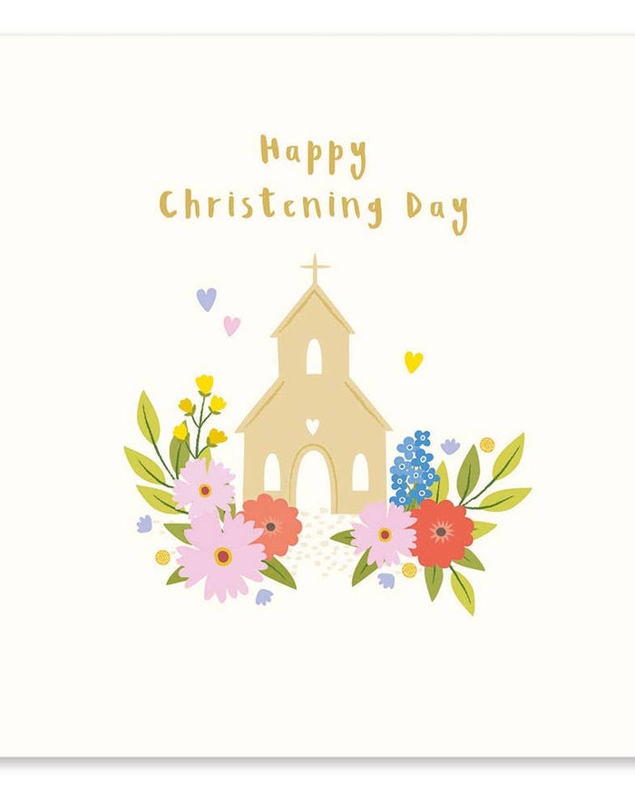 Card with a church illustration and flowers, featuring 'Happy Christening Day' text on a white background.