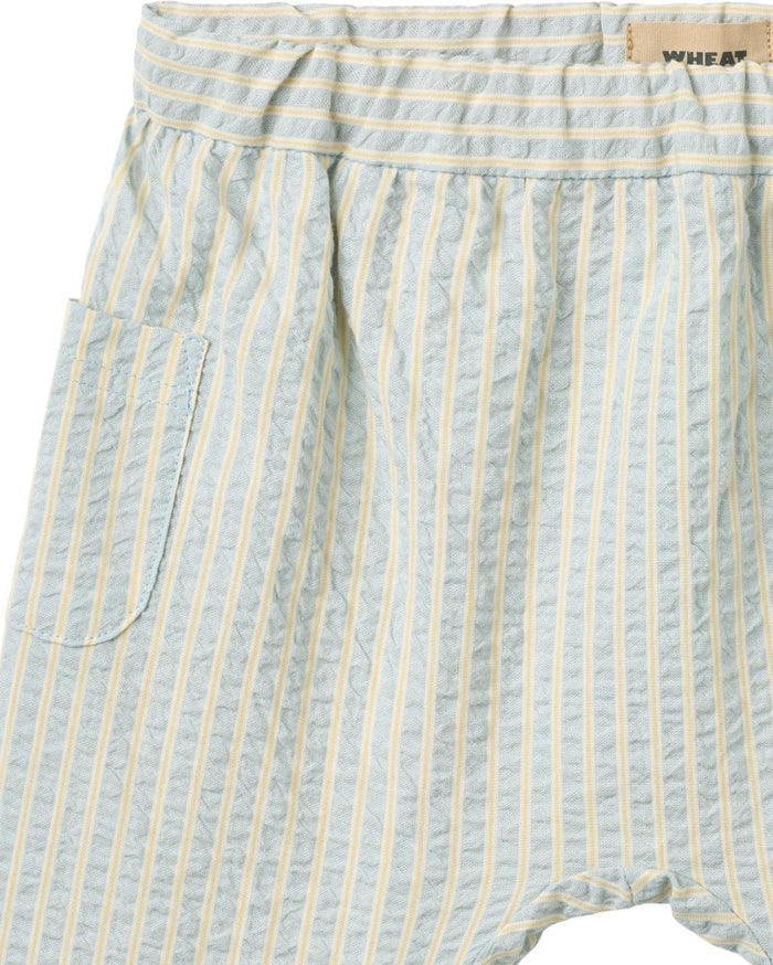 Light blue shorts with yellow stripes on a white background