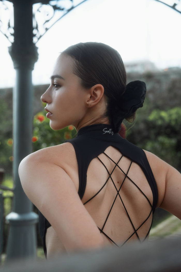 High-Neck Criss-Cross Backless Maxi Dress | Black
