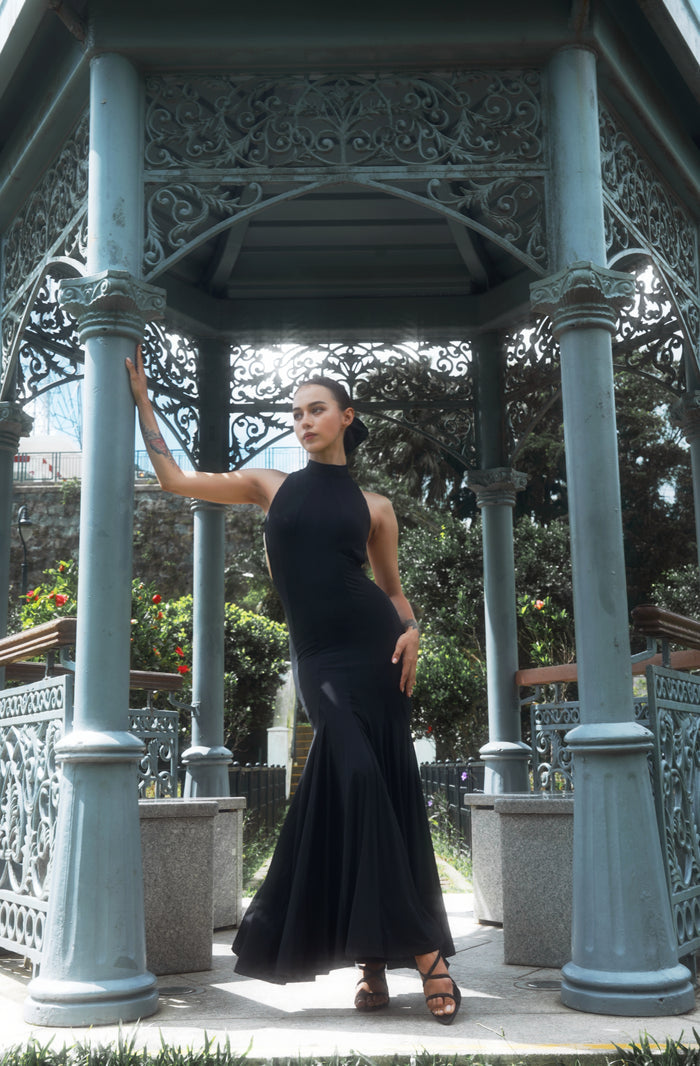 High-Neck Criss-Cross Backless Maxi Dress | Black
