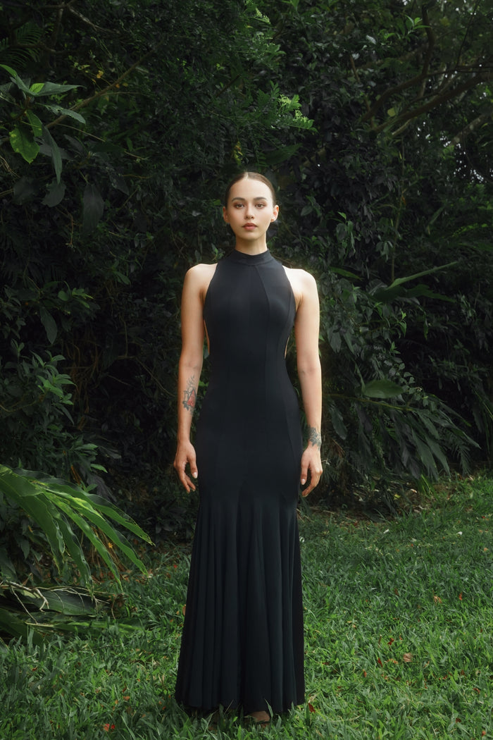 High-Neck Criss-Cross Backless Maxi Dress | Black