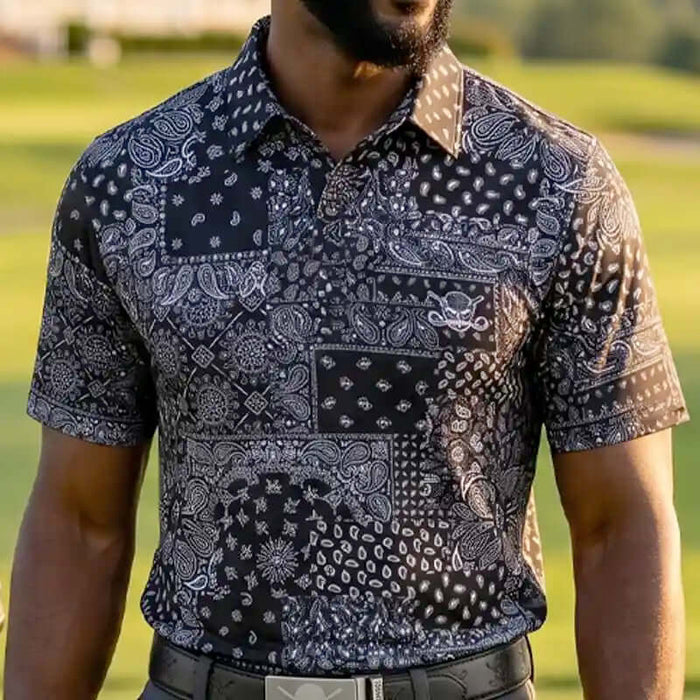hustler golfer wearing a patterned polo shirt outdoors