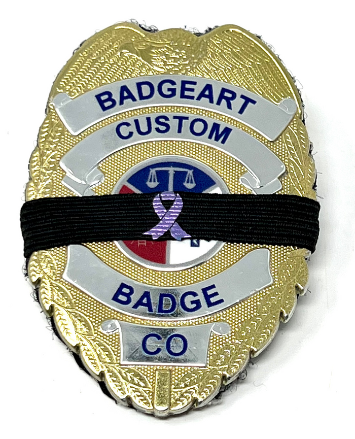 Badgeart firefighter cancer awareness / mourning band with lavender ribbon on 3/8 black band  on a Badgeart Flexbadge Fl