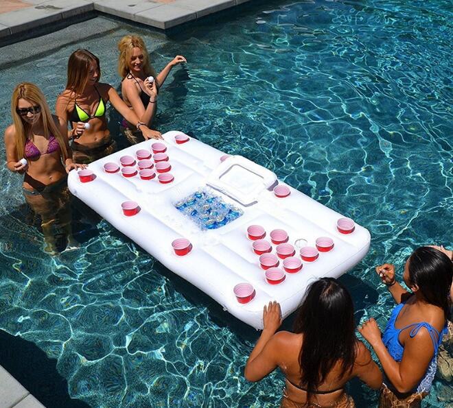 Gadget Gerbil Water Party Fun Air Mattress Ice Bucket Cooler Cup Holder Inflatable Beer Pong Table Pool Float Inflatable Floating Beer Pong Table