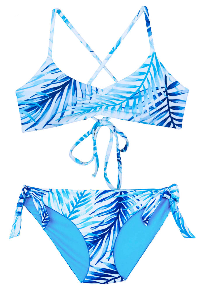 A blue and white tropical bikini designed by Teen Brand Chance Loves Swimwear