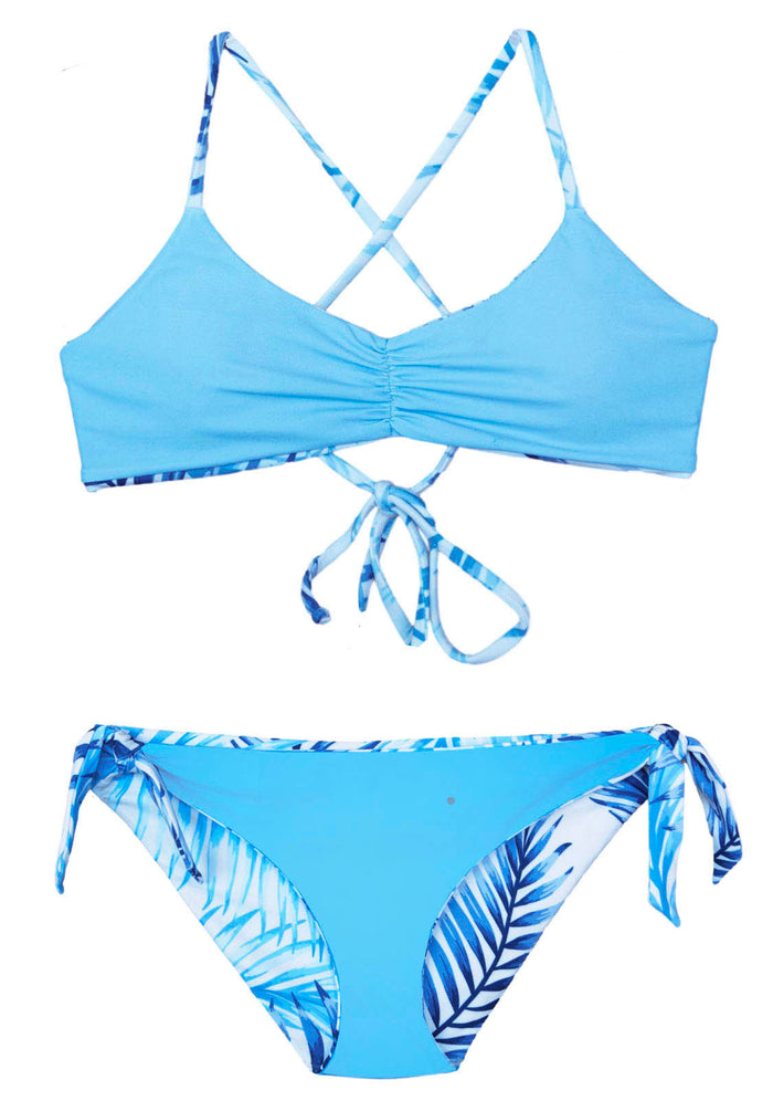 Reversible Bikini with Blue and white palm print by Chance Loves Swimwear