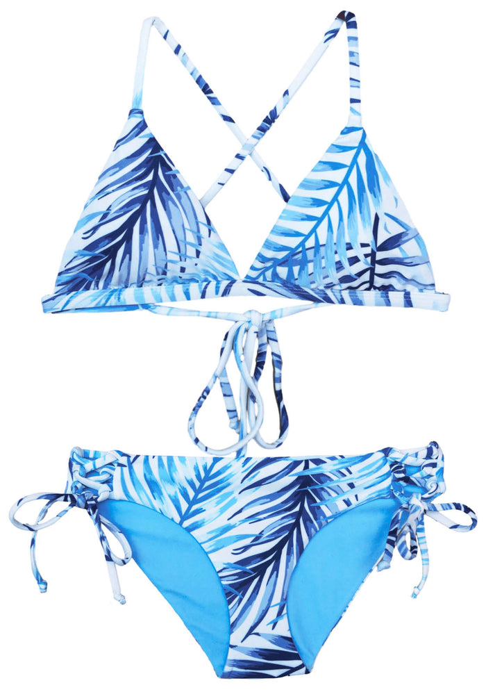 A Blue and white Chance Loves Bikini with a padded Triangle top and Full coverage bottoms with side ties