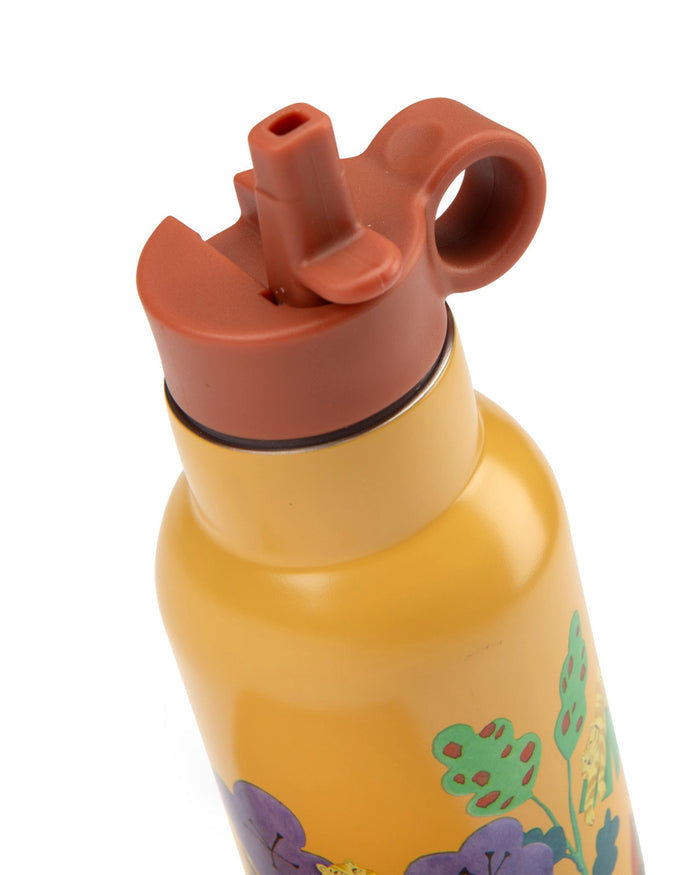 Yellow water bottle with floral design and brown lid on a white background