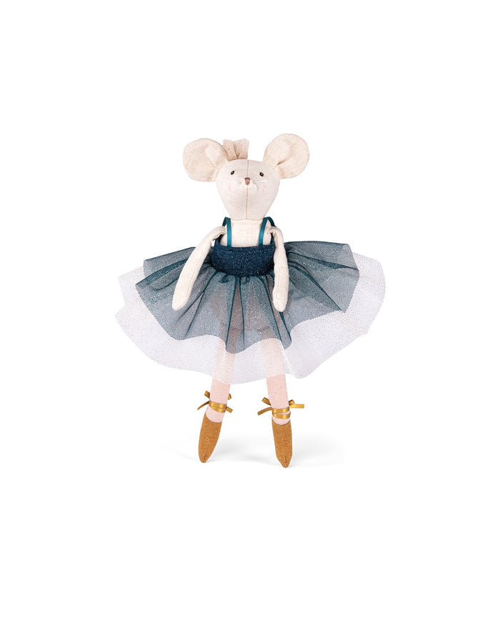 Stuffed mouse toy in a blue dress and white shoes on a white background