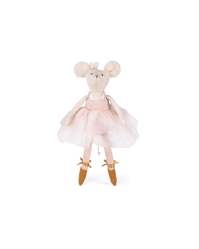 Stuffed mouse toy in a ballerina outfit on a white background