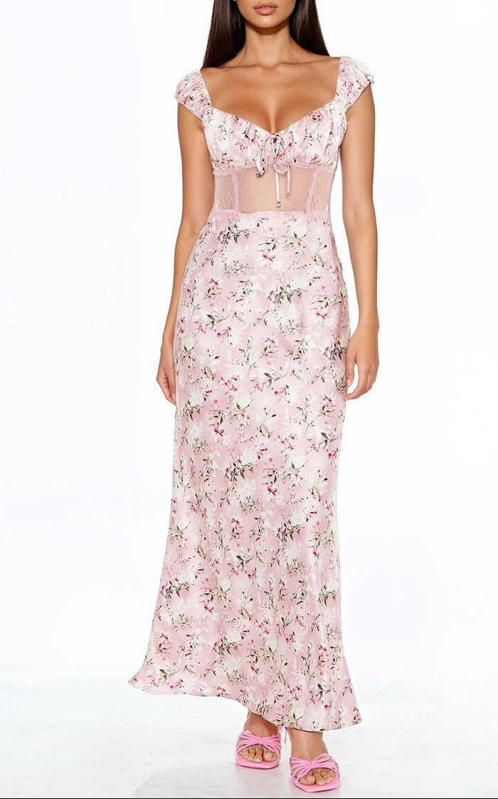 Lace-Trim Satin Floral Maxi Dress