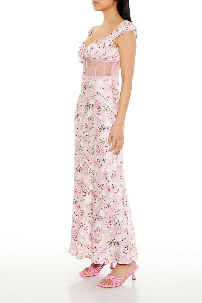Lace-Trim Satin Floral Maxi Dress