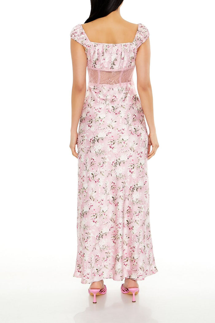 Lace-Trim Satin Floral Maxi Dress