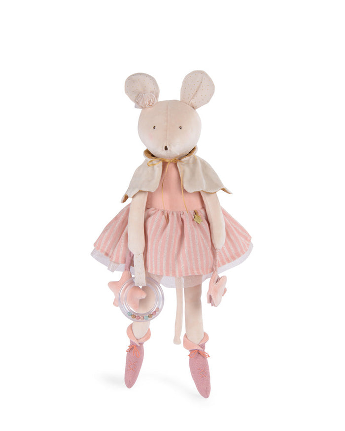 Stuffed mouse toy in a pink dress with a white background