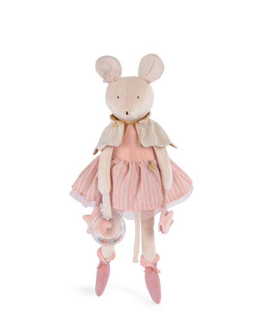 Stuffed mouse toy in a pink dress with a white background