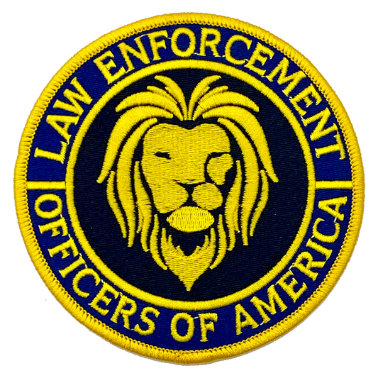 Law Enforcement Officers of America 4 Inch Shoulder Patch for  Patch for all Law Enforcement Officers is 4" diameter featuring a lion's head emerging from a field of black in the middle of a blue border with the words LAW ENFORCEMENT OFFICERS OF AMERICAN. All raised embroidered text and features are in yellow gold.   #4LEOA
