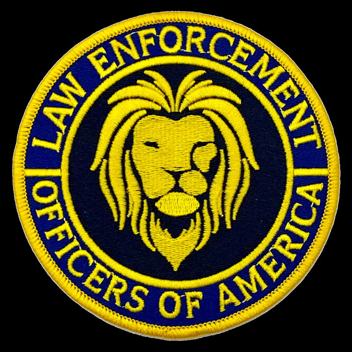 Law Enforcement Officers of America 4 Inch Shoulder Patch for  Patch for all Law Enforcement Officers is 4" diameter featuring a lion's head emerging from a field of black in the middle of a blue border with the words LAW ENFORCEMENT OFFICERS OF AMERICAN. All raised embroidered text and features are in yellow gold.   #4LEOA