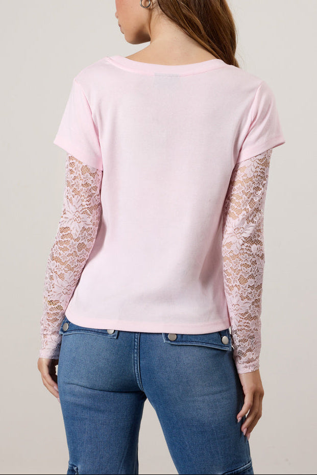 Layered Sheer Lace Long-Sleeve Tee