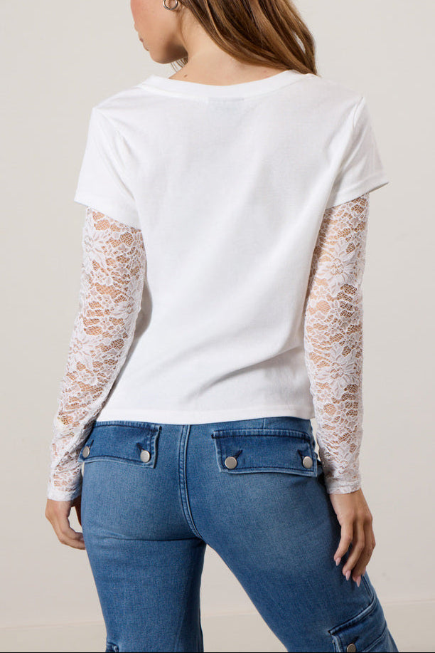 Layered Sheer Lace Long-Sleeve Tee