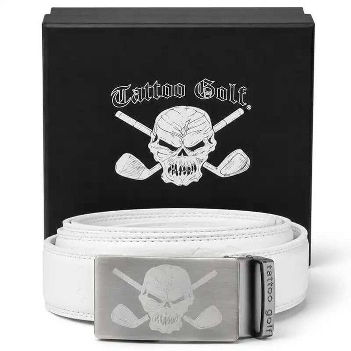 Wild cool white ratchet golf belt, one size fits all with fun skull logo on the buckle