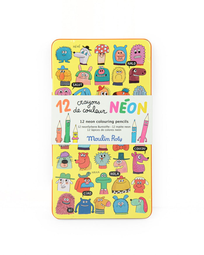 Pack of 12 neon coloring pencils with cartoon character design on a yellow background