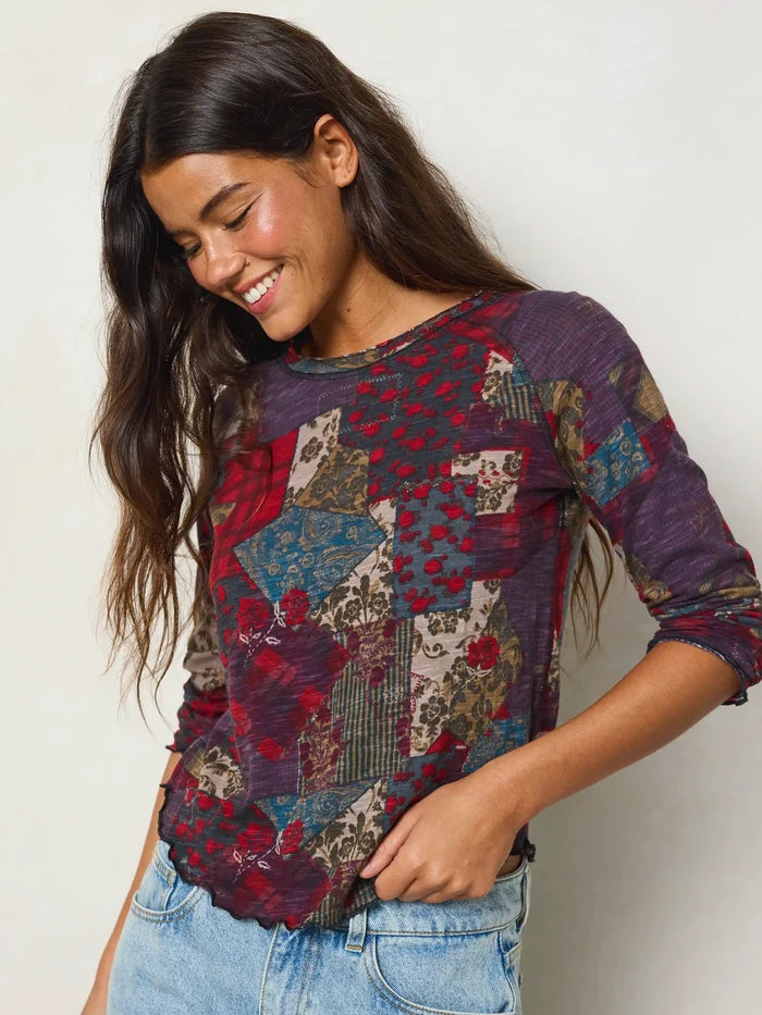 Lily Cotton Long Sleeve Tee Shirt - Aspen Patchwork Burgundy-view 1