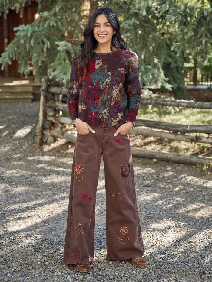 Lily Cotton Long Sleeve Tee Shirt - Aspen Patchwork Burgundy-view 2