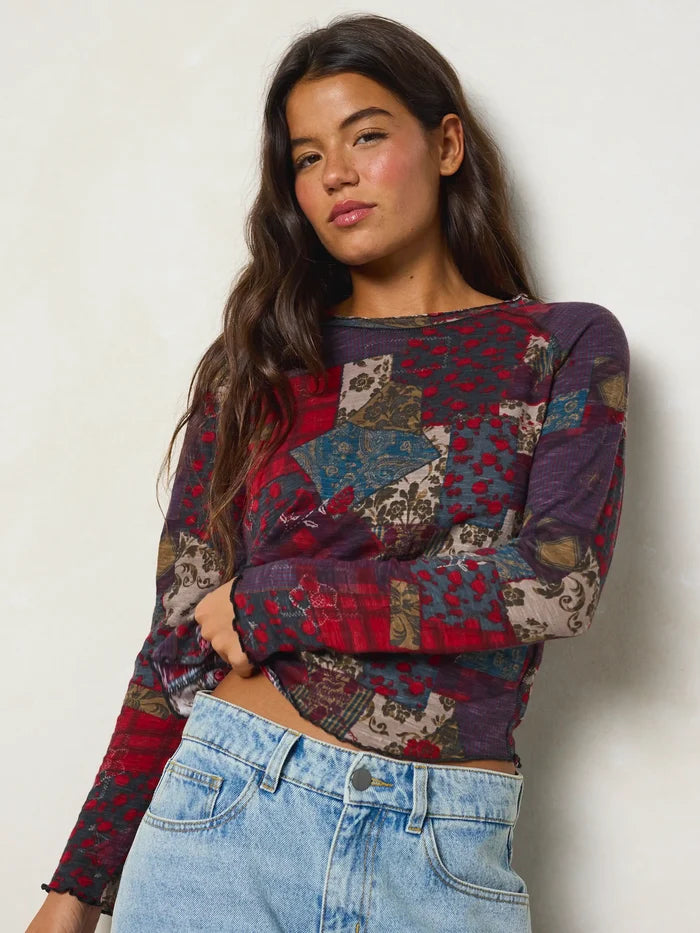 Lily Cotton Long Sleeve Tee Shirt - Aspen Patchwork Burgundy-view 3