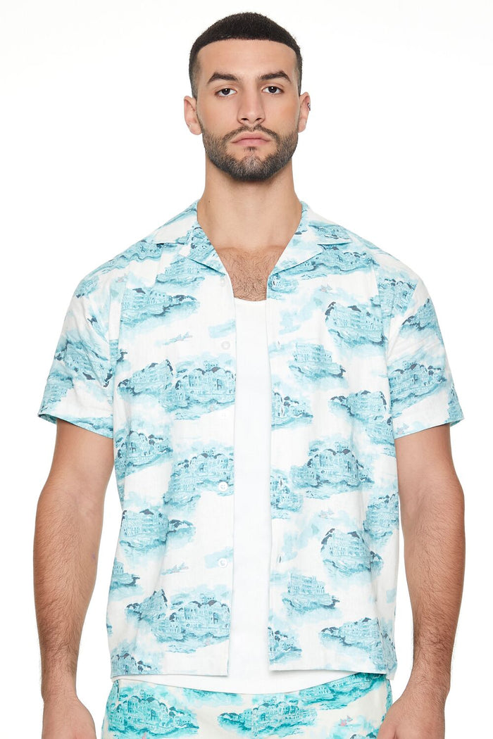 Linen-Blend Cityscape Print Shirt