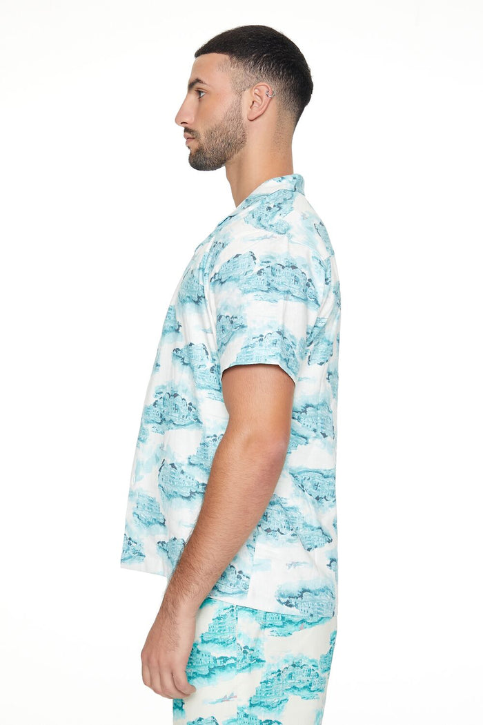 Linen-Blend Cityscape Print Shirt