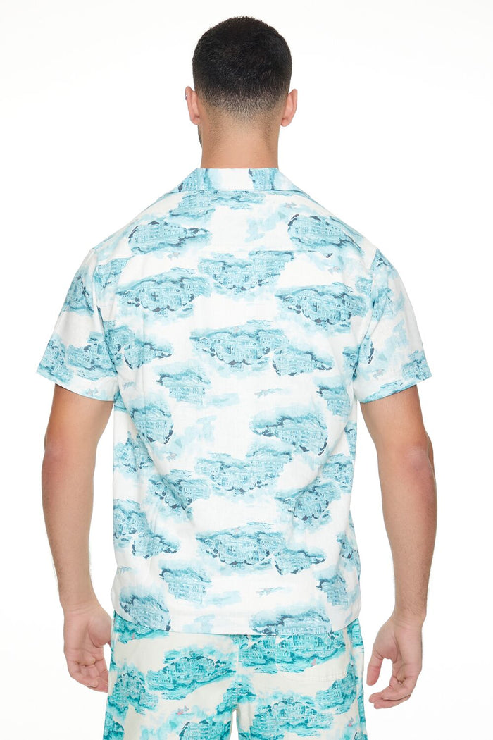 Linen-Blend Cityscape Print Shirt