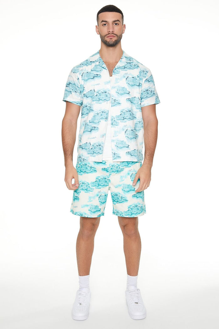 Linen-Blend Cityscape Print Shirt