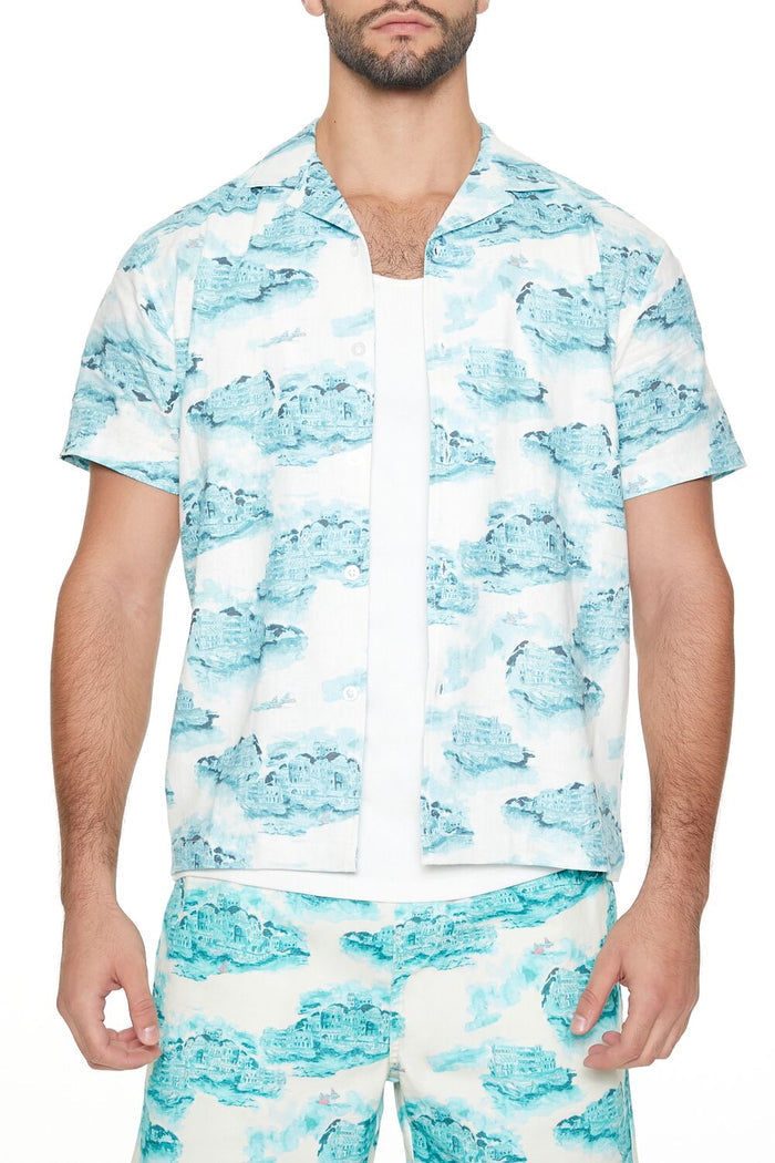 Linen-Blend Cityscape Print Shirt
