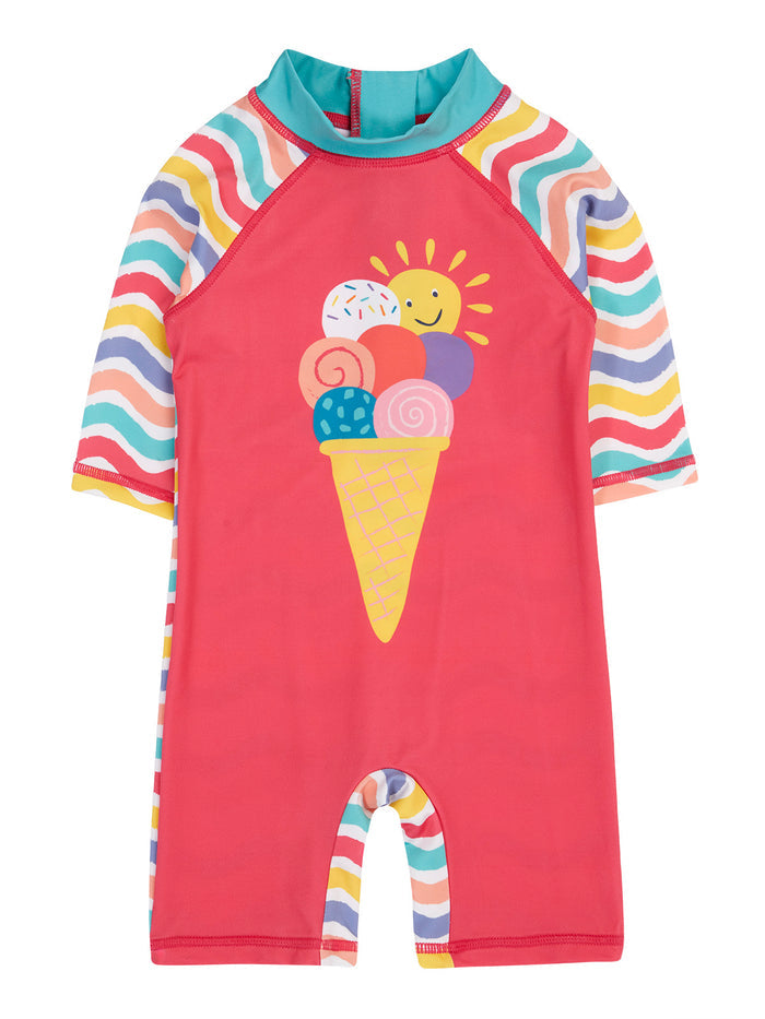 Children's swimsuit with ice cream design and colorful stripes on a white background