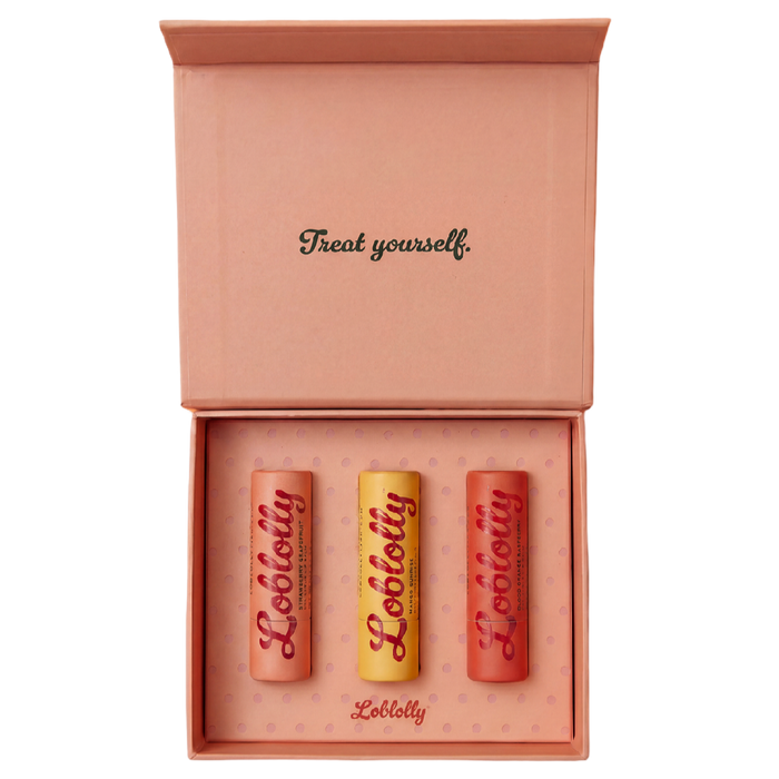 Lobolly all-natural lip balm gift set featuring three fruity lip balms in an open pink magnetic gift box