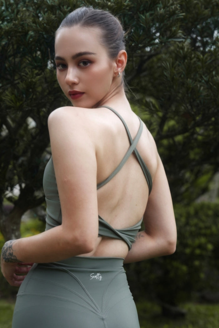 Low-Cut Cross-Back Bra | Misty Forest Green