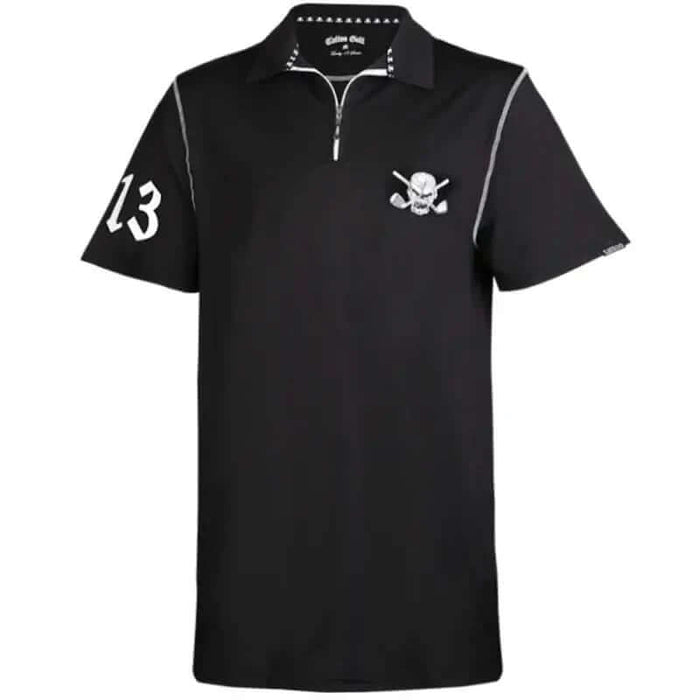 A black golf shirt with contrast stitching, a color-matched zipper, and the number 13 on sleeve.  Skull & crossing clubs design on front and back