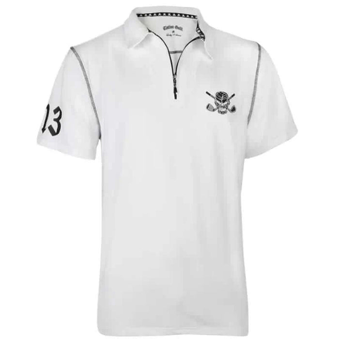 White golf shirt with quarter zip and skull design