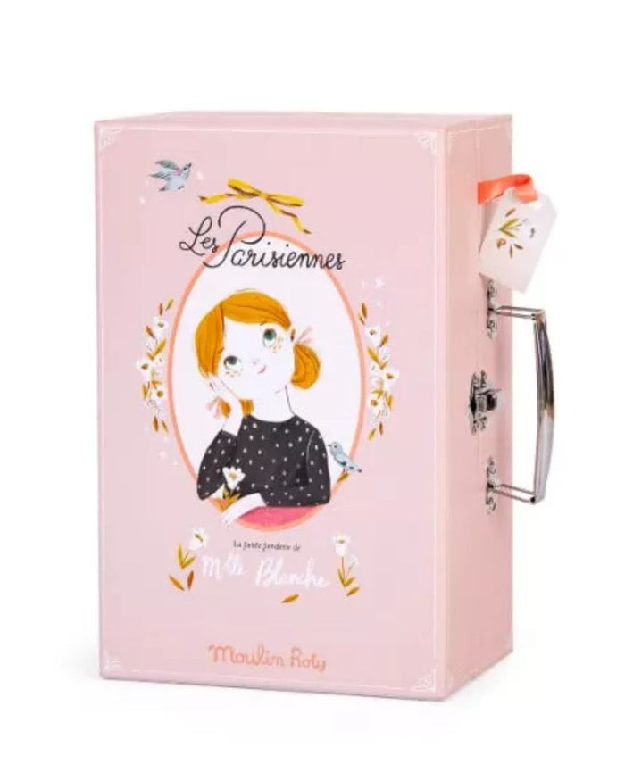 Pink suitcase with 'Les Parisiennes' design on a white background