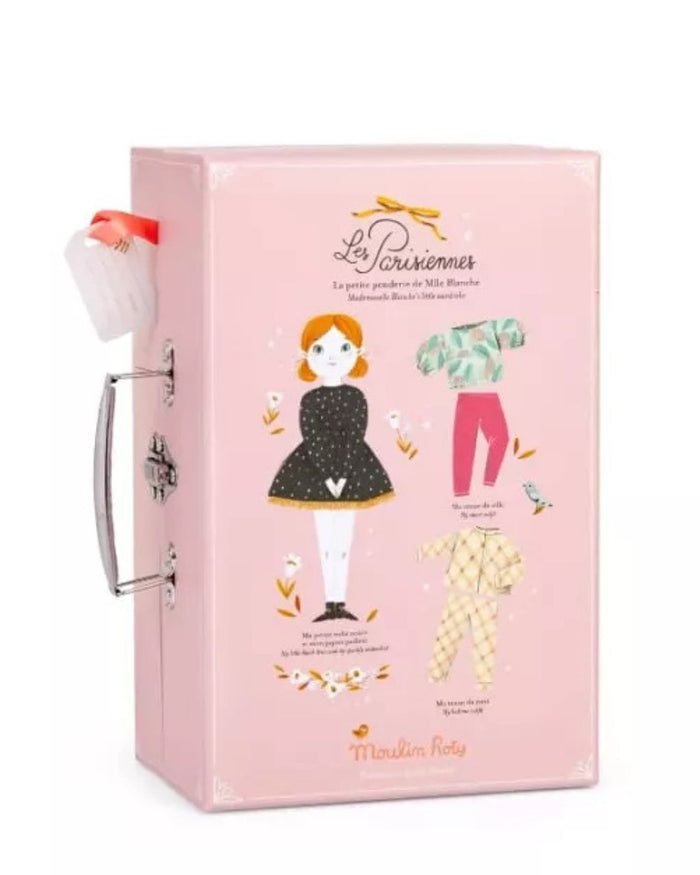 Pink packaging box with illustrations of a doll and clothing, featuring the brand 'Le Parissiennes'.