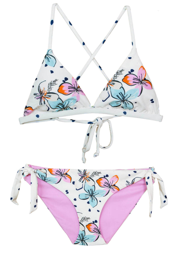 Two-piece swimsuit for pre-teens and junior girls with triangle top and modest fit bottoms in a pastel floral print