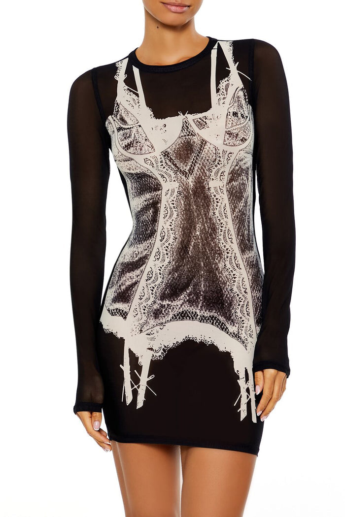 Mesh Garter Graphic Mini Dress