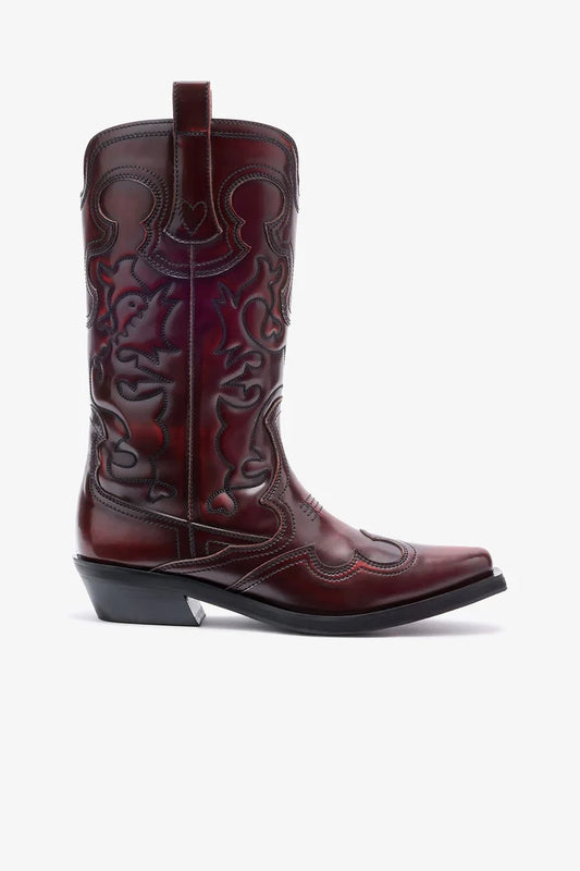 Mid Shaft Embroidered Western Boots in Burgundy Footwear Ganni