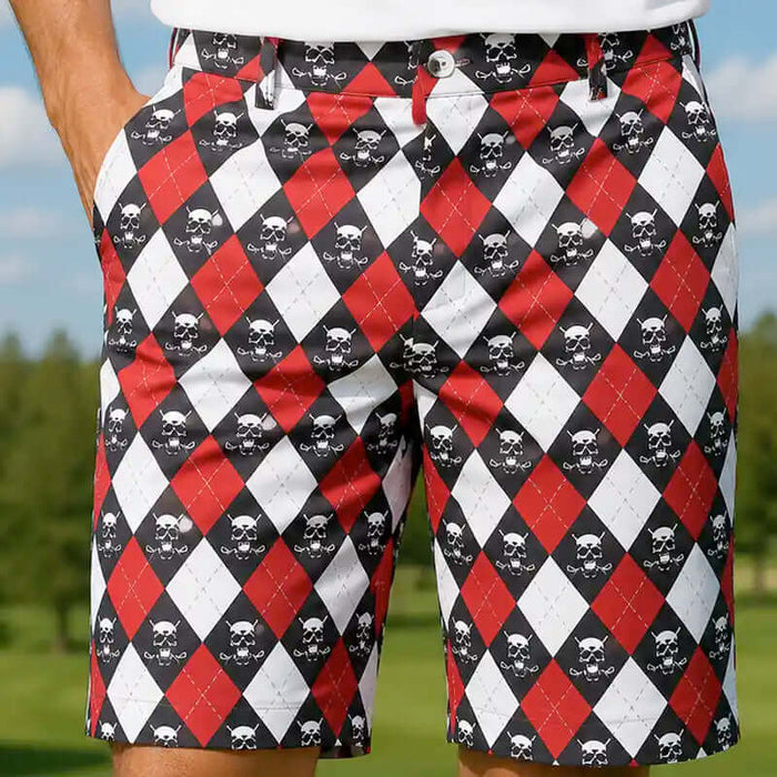 Golf Shorts with a red, black, and white argyle pattern featuring small skulls