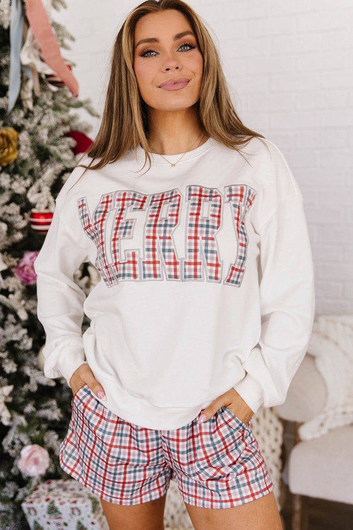 Multicolor Plaid Merry Holiday Long Sleeve Top and Short Set — image 03