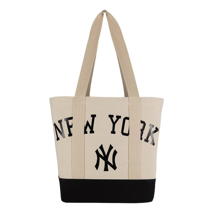 Pictured is this MLB New York Yankees Script Tote Bag in light beige. 3