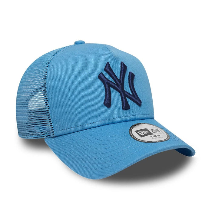 Pictured is this MLB League Essential Youth New York Yankees 9FORTY A-Frame Trucker cap in pastel blue. 3