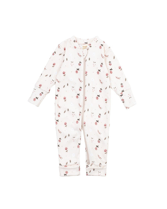 Floral-patterned baby onesie on a white background