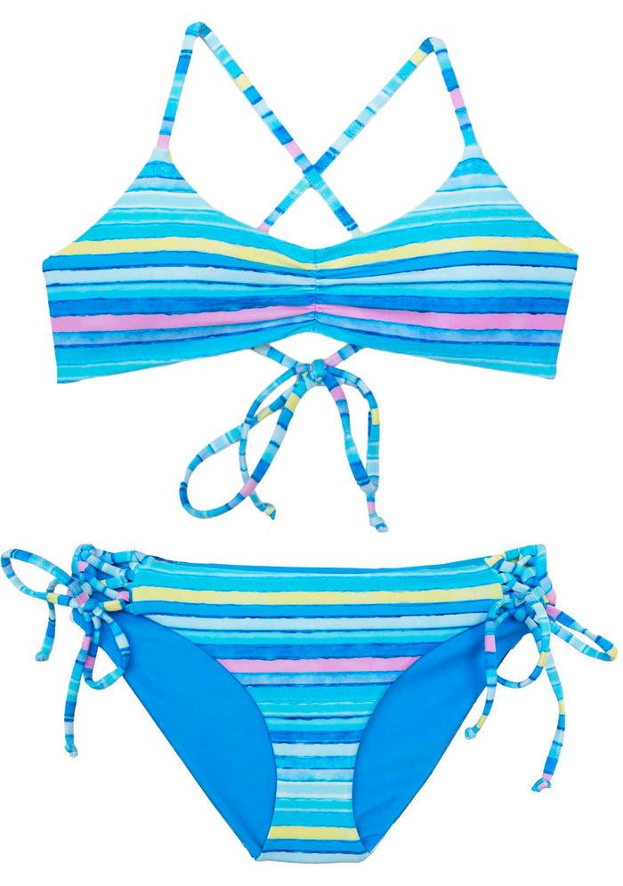 Padded and Full coverage Swimwear for Girls ages 12, 14 and 16 with pastel color stripes by teen brand Chance Loves